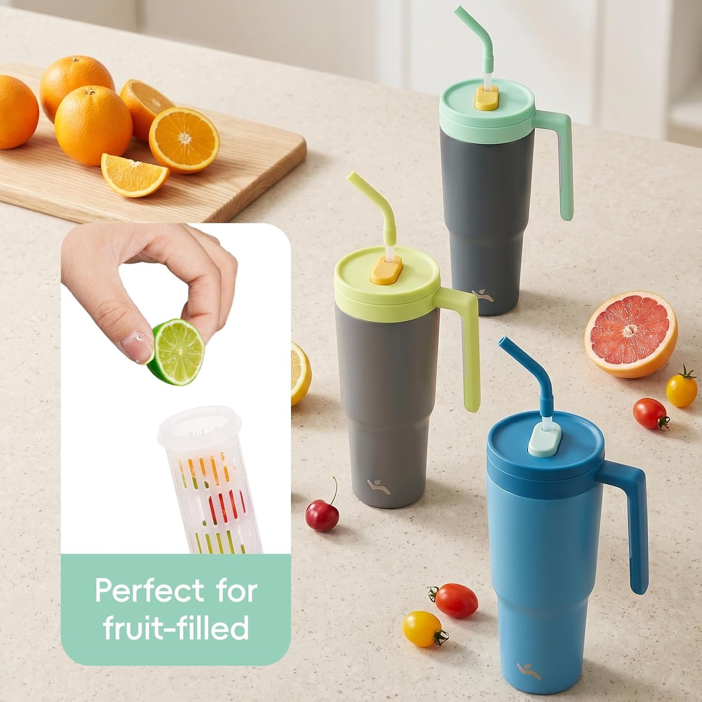40 oz Tumbler with Handle and Straw, Insulated Water Bottle | Cherry; BPA-free, leak-resistant tumbler with fruit diffuser for gym, office, travel, coffee & daily hydration