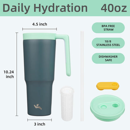 40 oz Tumbler with Handle and Straw, Insulated Water Bottle | Cherry; BPA-free, leak-resistant tumbler with fruit diffuser for gym, office, travel, coffee & daily hydration