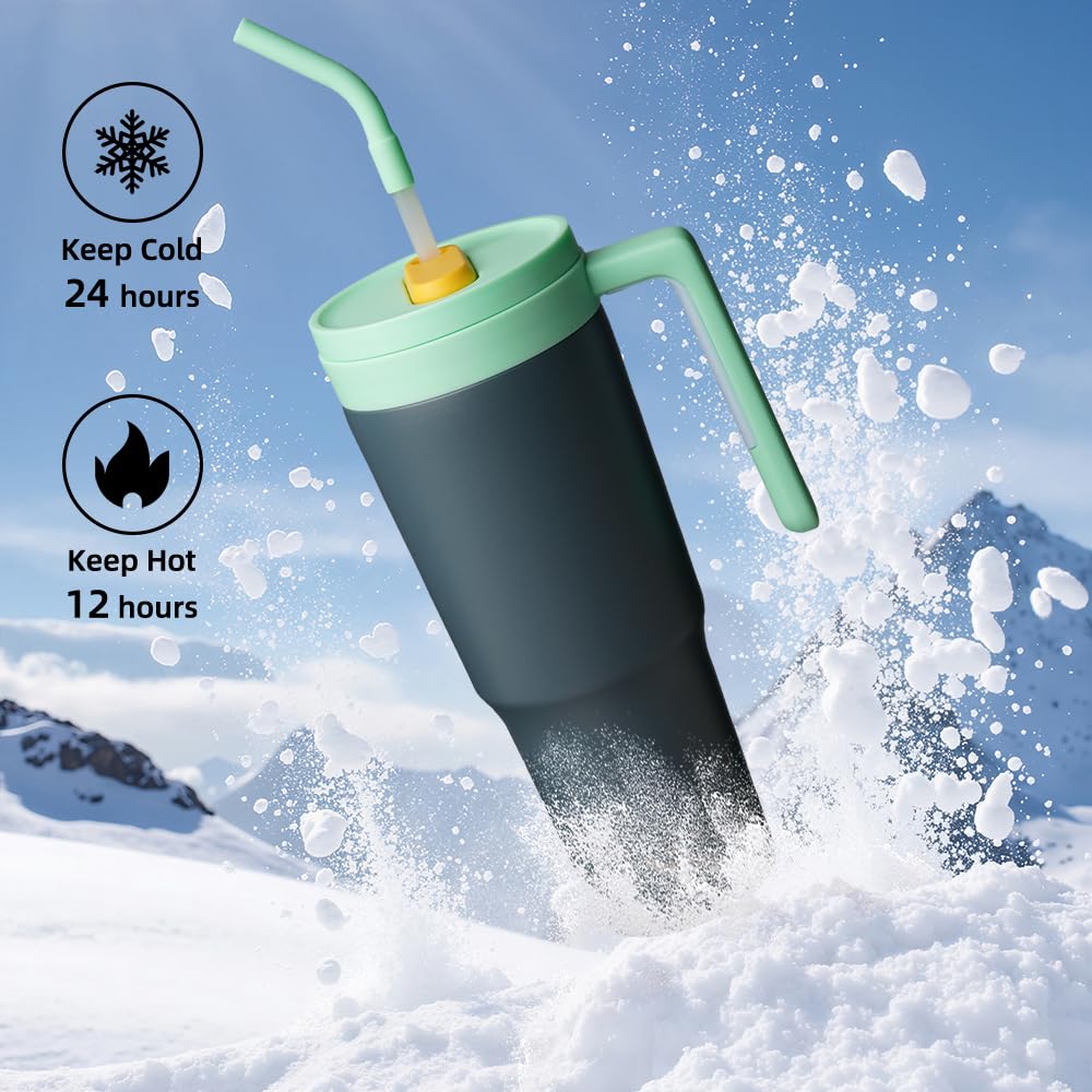 40 oz Tumbler with Handle and Straw, Insulated Water Bottle | Cherry; BPA-free, leak-resistant tumbler with fruit diffuser for gym, office, travel, coffee & daily hydration