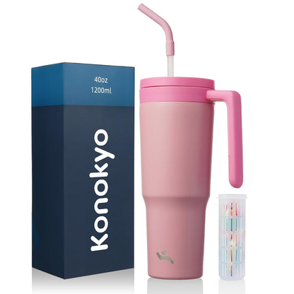 40 oz Tumbler with Handle and Straw, Insulated Water Bottle | Cherry; BPA-free, leak-resistant tumbler with fruit diffuser for gym, office, travel, coffee & daily hydration