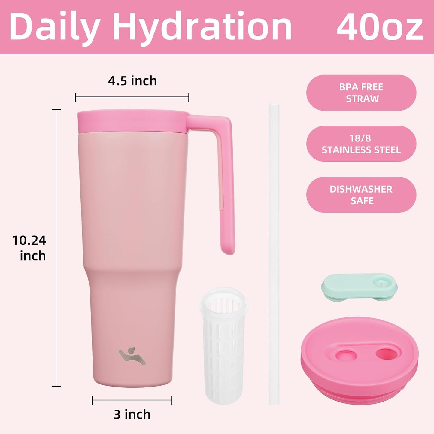 40 oz Tumbler with Handle and Straw, Insulated Water Bottle | Cherry; BPA-free, leak-resistant tumbler with fruit diffuser for gym, office, travel, coffee & daily hydration