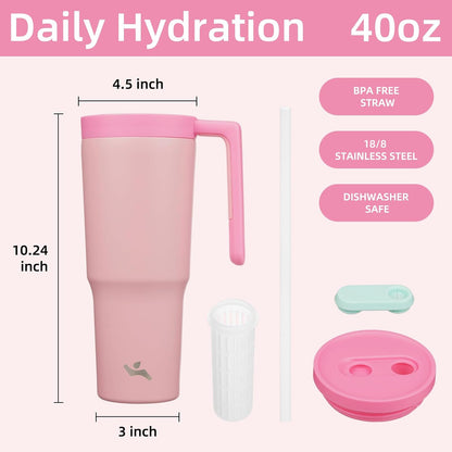 40 oz Tumbler with Handle and Straw, Insulated Water Bottle | Cherry; BPA-free, leak-resistant tumbler with fruit diffuser for gym, office, travel, coffee & daily hydration