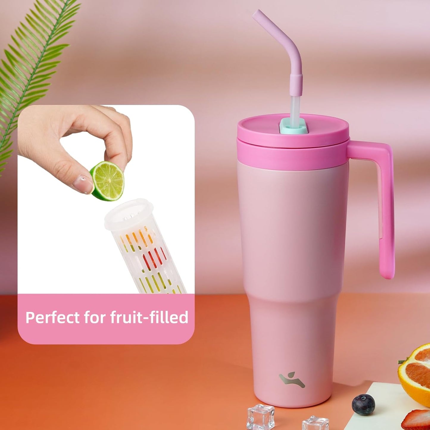 40 oz Tumbler with Handle and Straw, Insulated Water Bottle | Cherry; BPA-free, leak-resistant tumbler with fruit diffuser for gym, office, travel, coffee & daily hydration