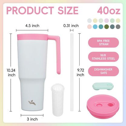 40 oz Tumbler with Handle and Straw, Insulated Water Bottle | Cherry; BPA-free, leak-resistant tumbler with fruit diffuser for gym, office, travel, coffee & daily hydration