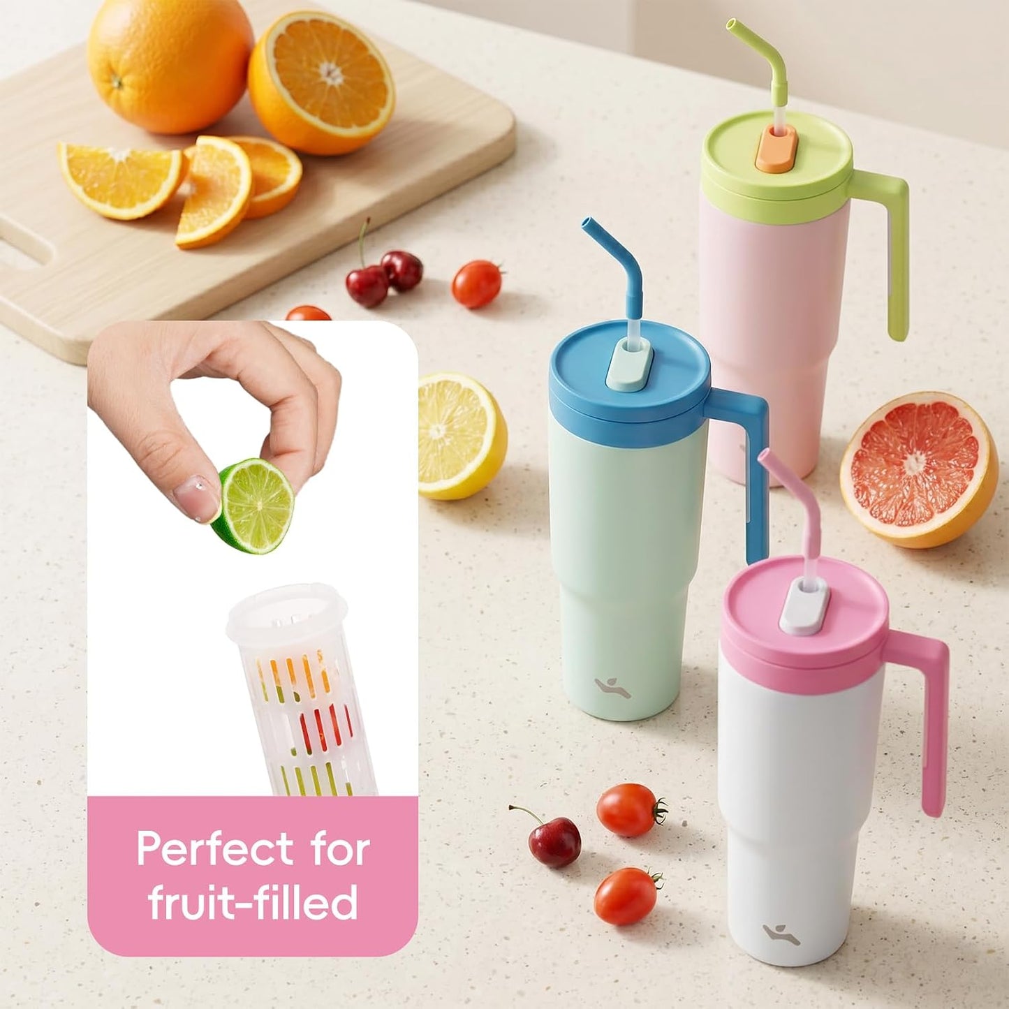 40 oz Tumbler with Handle and Straw, Insulated Water Bottle | Cherry; BPA-free, leak-resistant tumbler with fruit diffuser for gym, office, travel, coffee & daily hydration