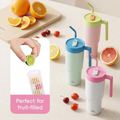 40 oz Tumbler with Handle and Straw, Insulated Water Bottle | Cherry; BPA-free, leak-resistant tumbler with fruit diffuser for gym, office, travel, coffee & daily hydration
