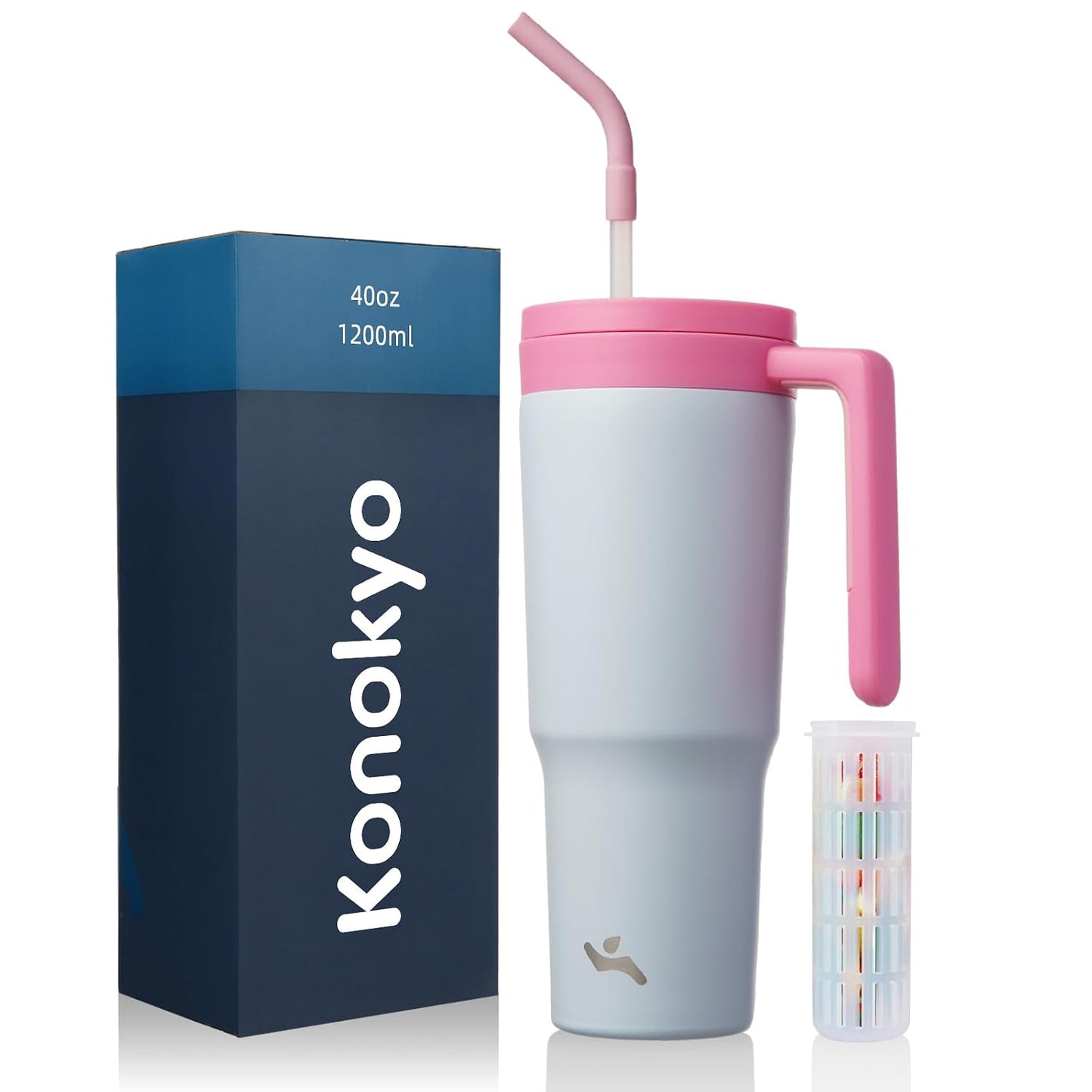 40 oz Tumbler with Handle and Straw, Insulated Water Bottle | Cherry; BPA-free, leak-resistant tumbler with fruit diffuser for gym, office, travel, coffee & daily hydration