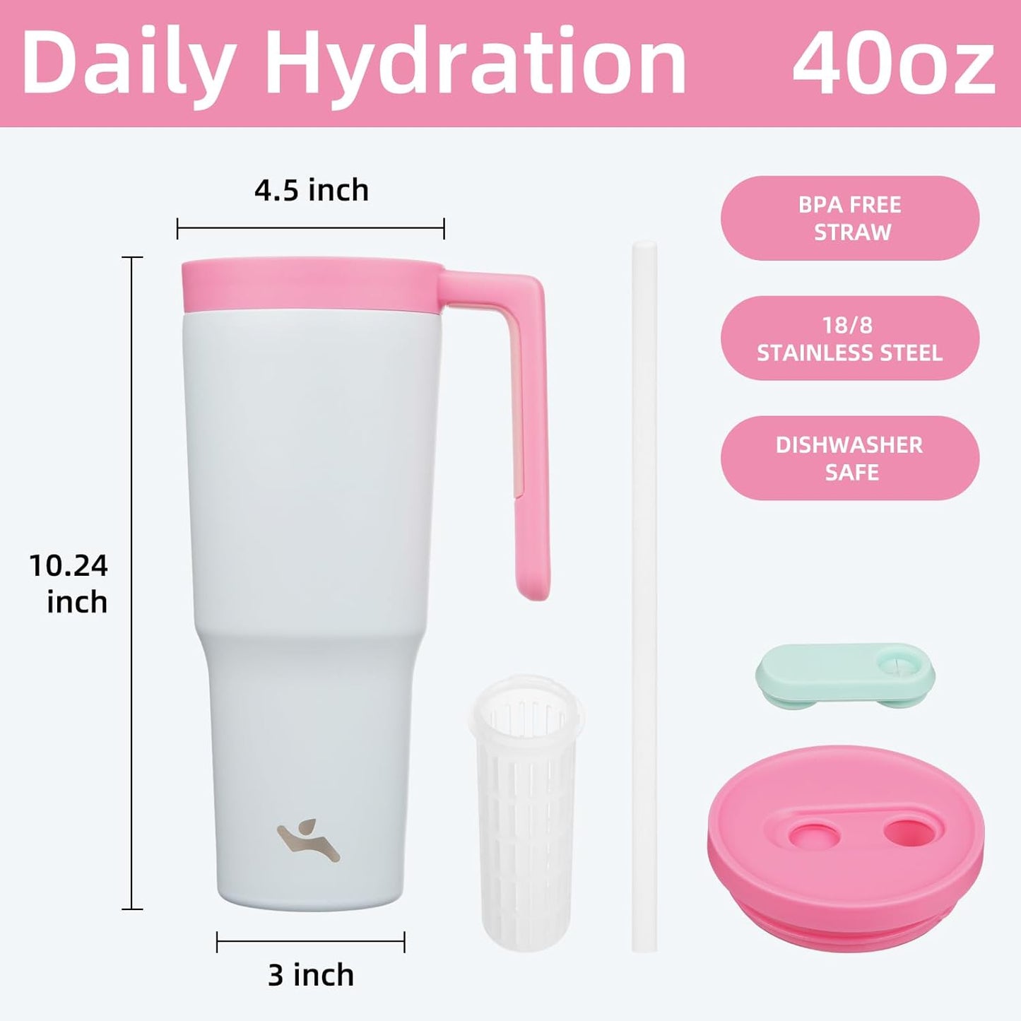 40 oz Tumbler with Handle and Straw, Insulated Water Bottle | Cherry; BPA-free, leak-resistant tumbler with fruit diffuser for gym, office, travel, coffee & daily hydration