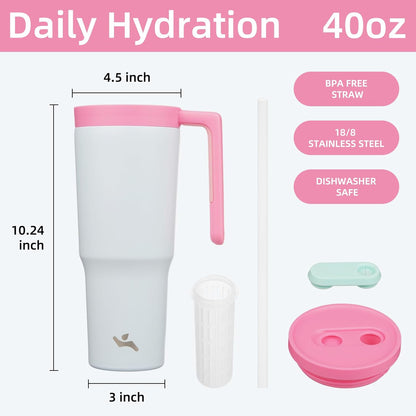40 oz Tumbler with Handle and Straw, Insulated Water Bottle | Cherry; BPA-free, leak-resistant tumbler with fruit diffuser for gym, office, travel, coffee & daily hydration