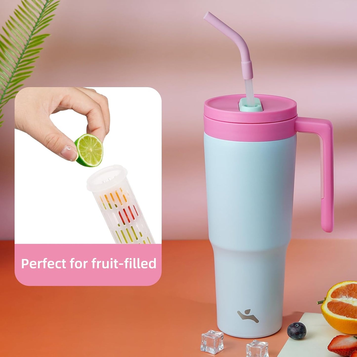 40 oz Tumbler with Handle and Straw, Insulated Water Bottle | Cherry; BPA-free, leak-resistant tumbler with fruit diffuser for gym, office, travel, coffee & daily hydration