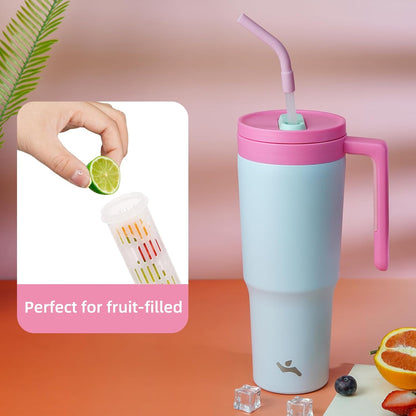 40 oz Tumbler with Handle and Straw, Insulated Water Bottle | Cherry; BPA-free, leak-resistant tumbler with fruit diffuser for gym, office, travel, coffee & daily hydration