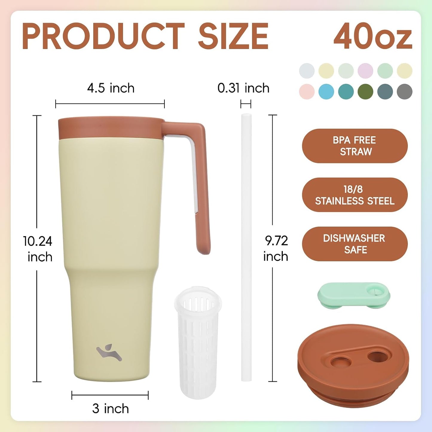 40 oz Tumbler with Handle and Straw, Insulated Water Bottle | Cherry; BPA-free, leak-resistant tumbler with fruit diffuser for gym, office, travel, coffee & daily hydration