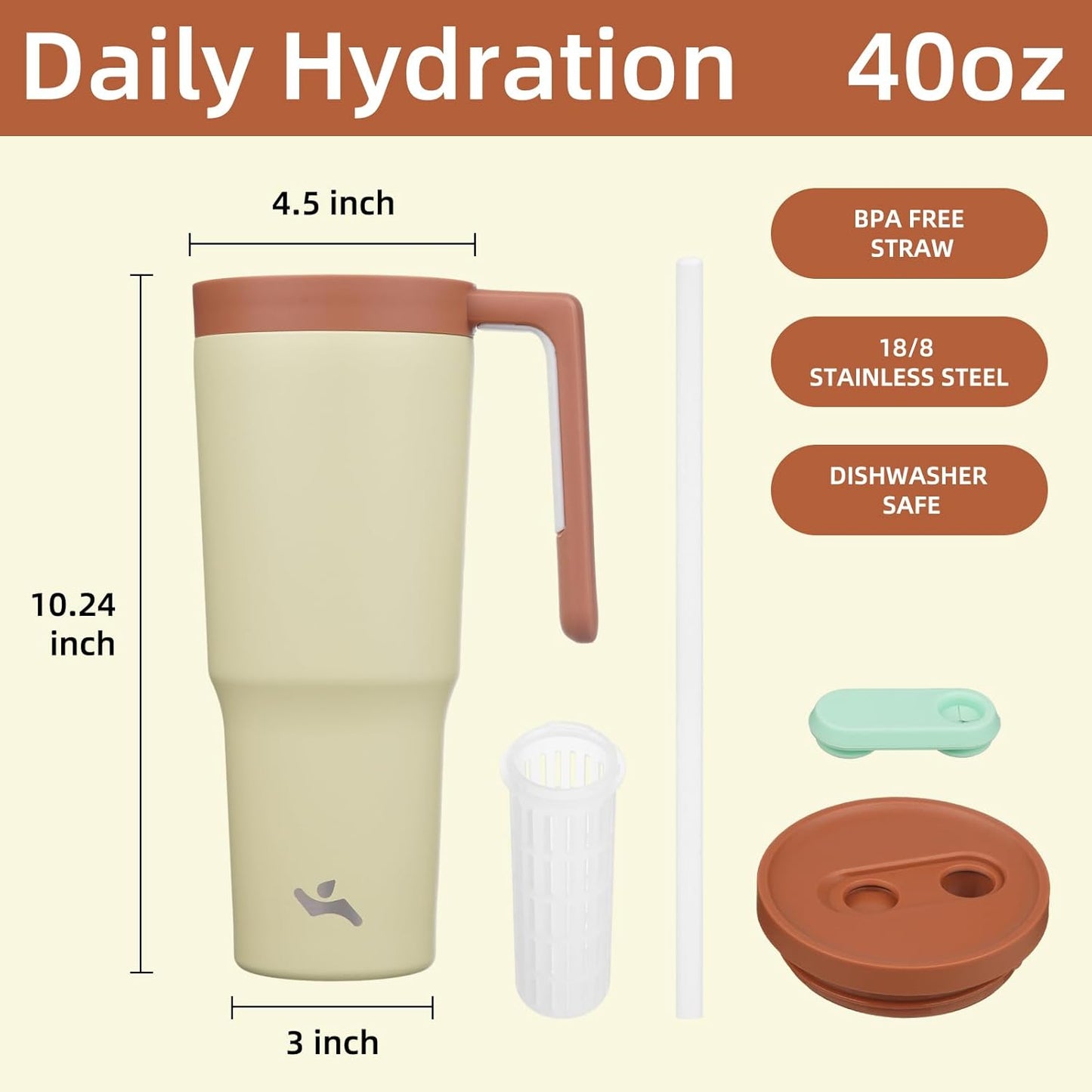 40 oz Tumbler with Handle and Straw, Insulated Water Bottle | Cherry; BPA-free, leak-resistant tumbler with fruit diffuser for gym, office, travel, coffee & daily hydration