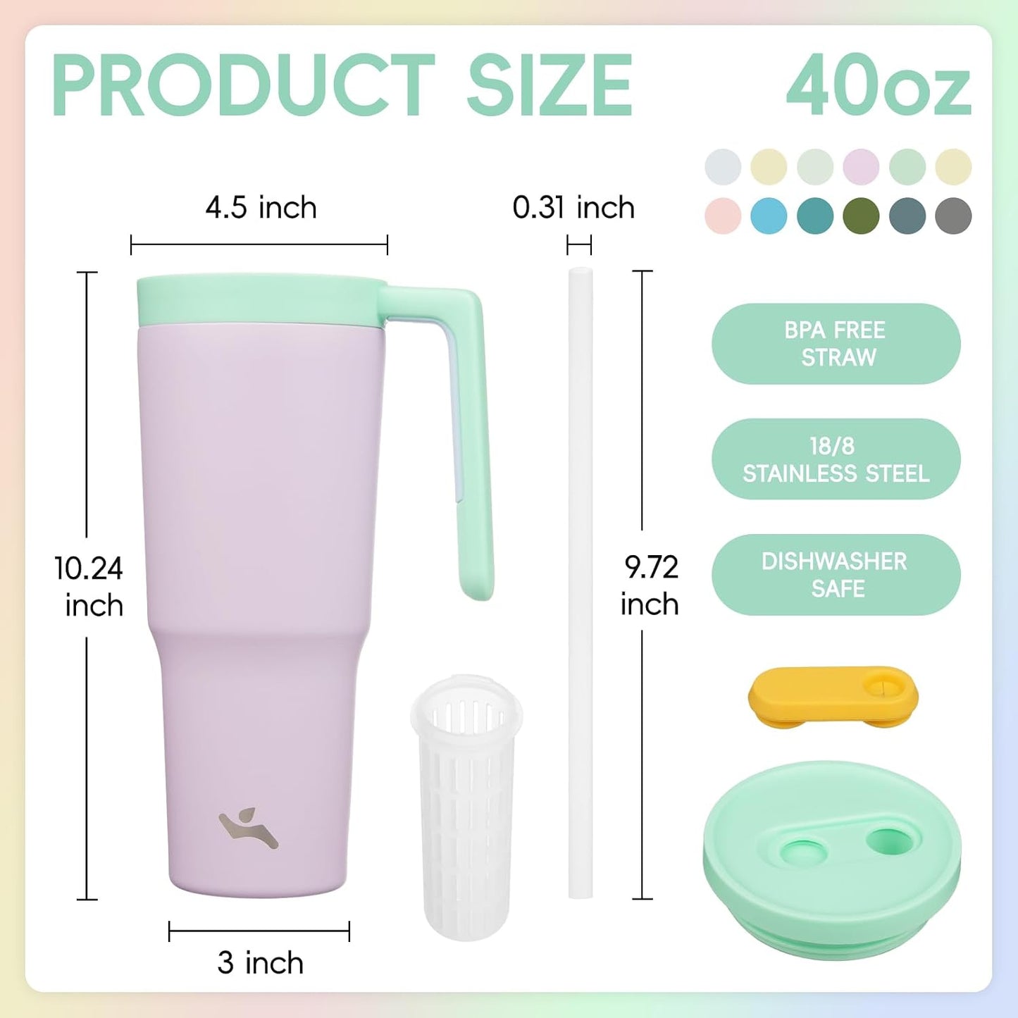 40 oz Tumbler with Handle and Straw, Insulated Water Bottle | Cherry; BPA-free, leak-resistant tumbler with fruit diffuser for gym, office, travel, coffee & daily hydration