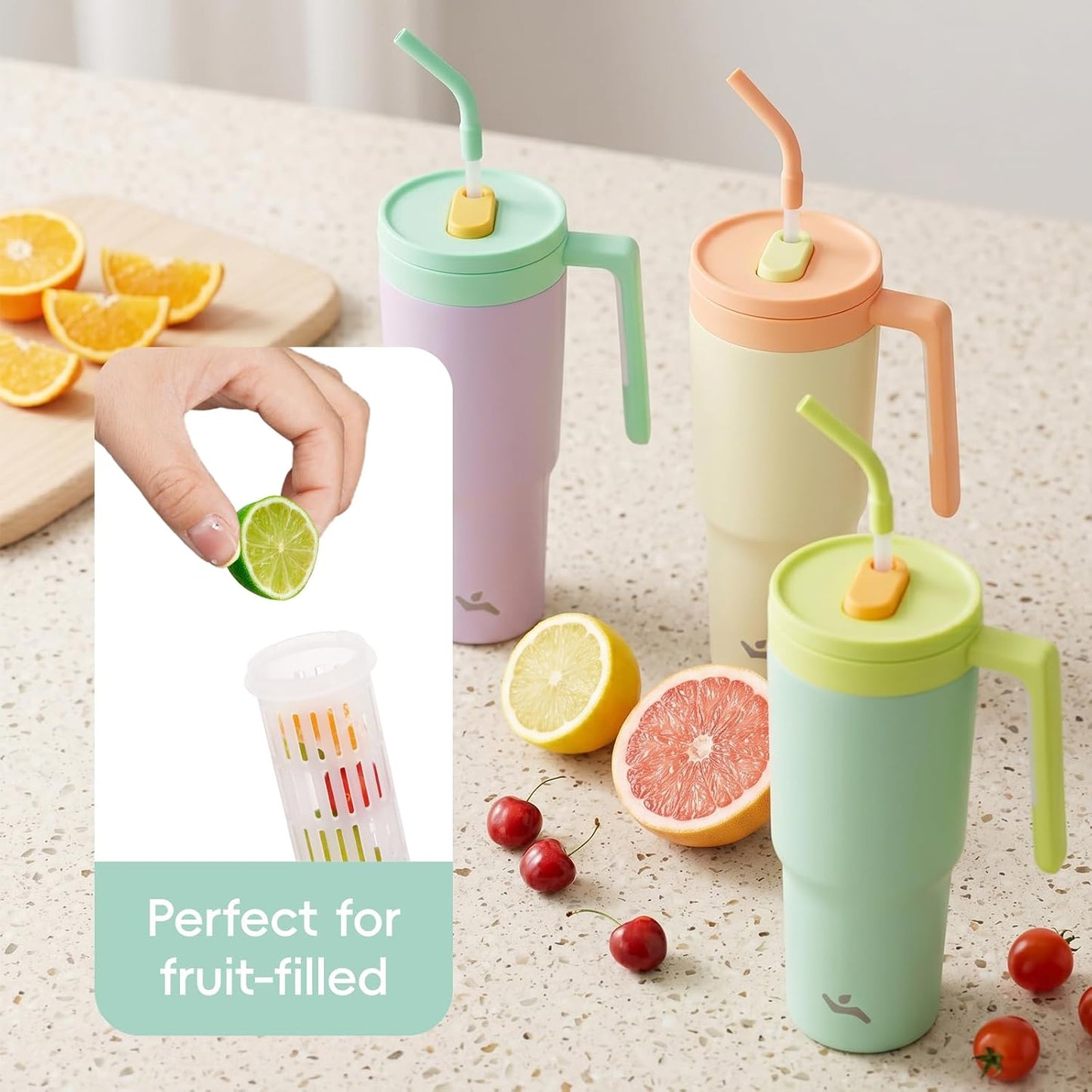 40 oz Tumbler with Handle and Straw, Insulated Water Bottle | Cherry; BPA-free, leak-resistant tumbler with fruit diffuser for gym, office, travel, coffee & daily hydration