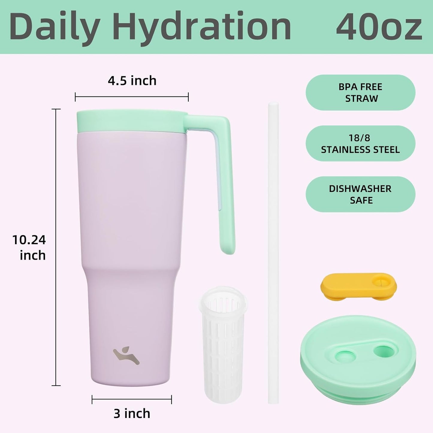 40 oz Tumbler with Handle and Straw, Insulated Water Bottle | Cherry; BPA-free, leak-resistant tumbler with fruit diffuser for gym, office, travel, coffee & daily hydration