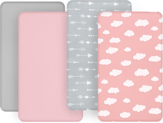 4 Pack Pack and Play Fitted Sheets, 24" x 42" Compatible with Guava Lotus Travel Crib and Other Travel Light Playard Mattress, Ultra Soft and Skin-Friendly, Pink Cloud