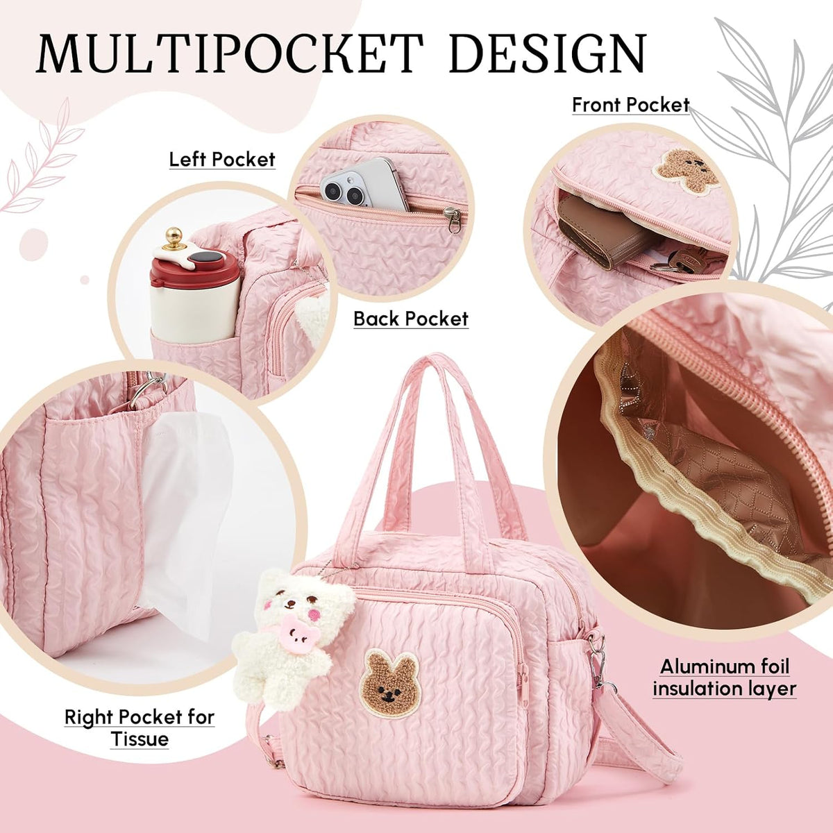 Mini Diaper Bag, Lightweight Baby Purse with 7 Pockets, 2 Insulated Pockets, Crossbody Tote with Pacifier Holder Case