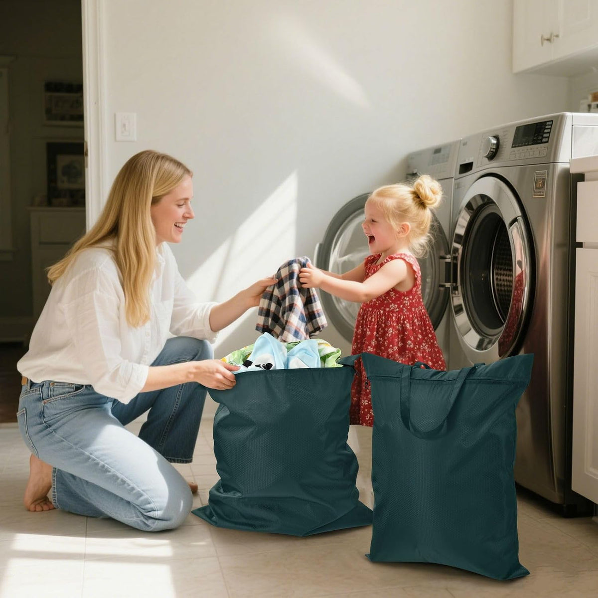 Sky Blue 2 Pack Waterproof Travel Laundry Bag Washable Dirty Clothes Organizer Storage Bag with Handle Zipper for Swimming Pool Beach Camping