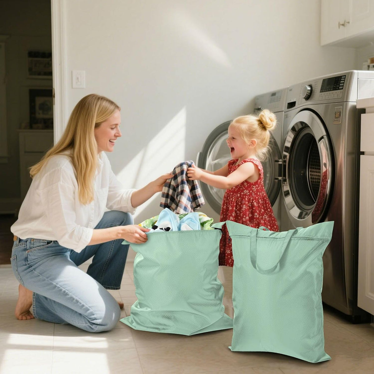 Sky Blue 2 Pack Waterproof Travel Laundry Bag Washable Dirty Clothes Organizer Storage Bag with Handle Zipper for Swimming Pool Beach Camping