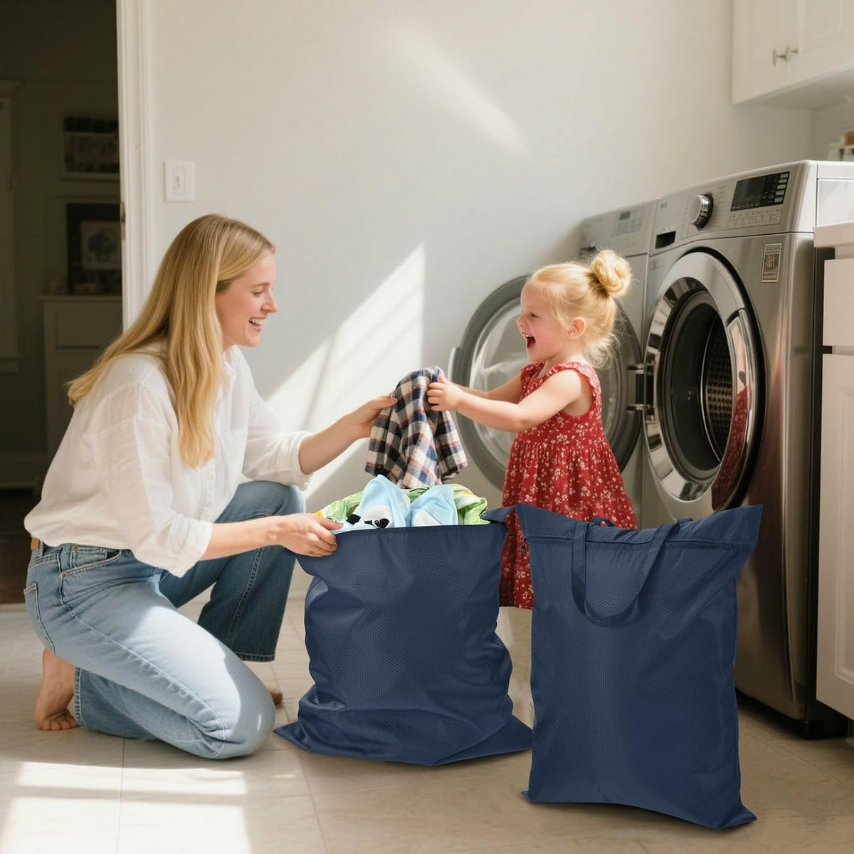 Sky Blue 2 Pack Waterproof Travel Laundry Bag Washable Dirty Clothes Organizer Storage Bag with Handle Zipper for Swimming Pool Beach Camping