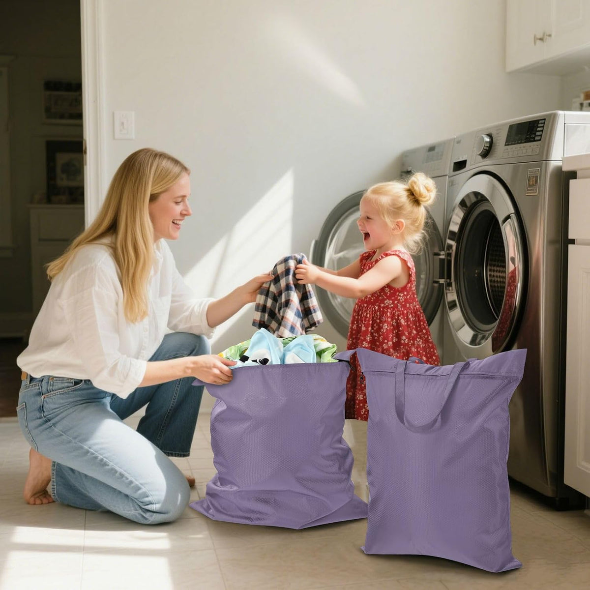 Sky Blue 2 Pack Waterproof Travel Laundry Bag Washable Dirty Clothes Organizer Storage Bag with Handle Zipper for Swimming Pool Beach Camping