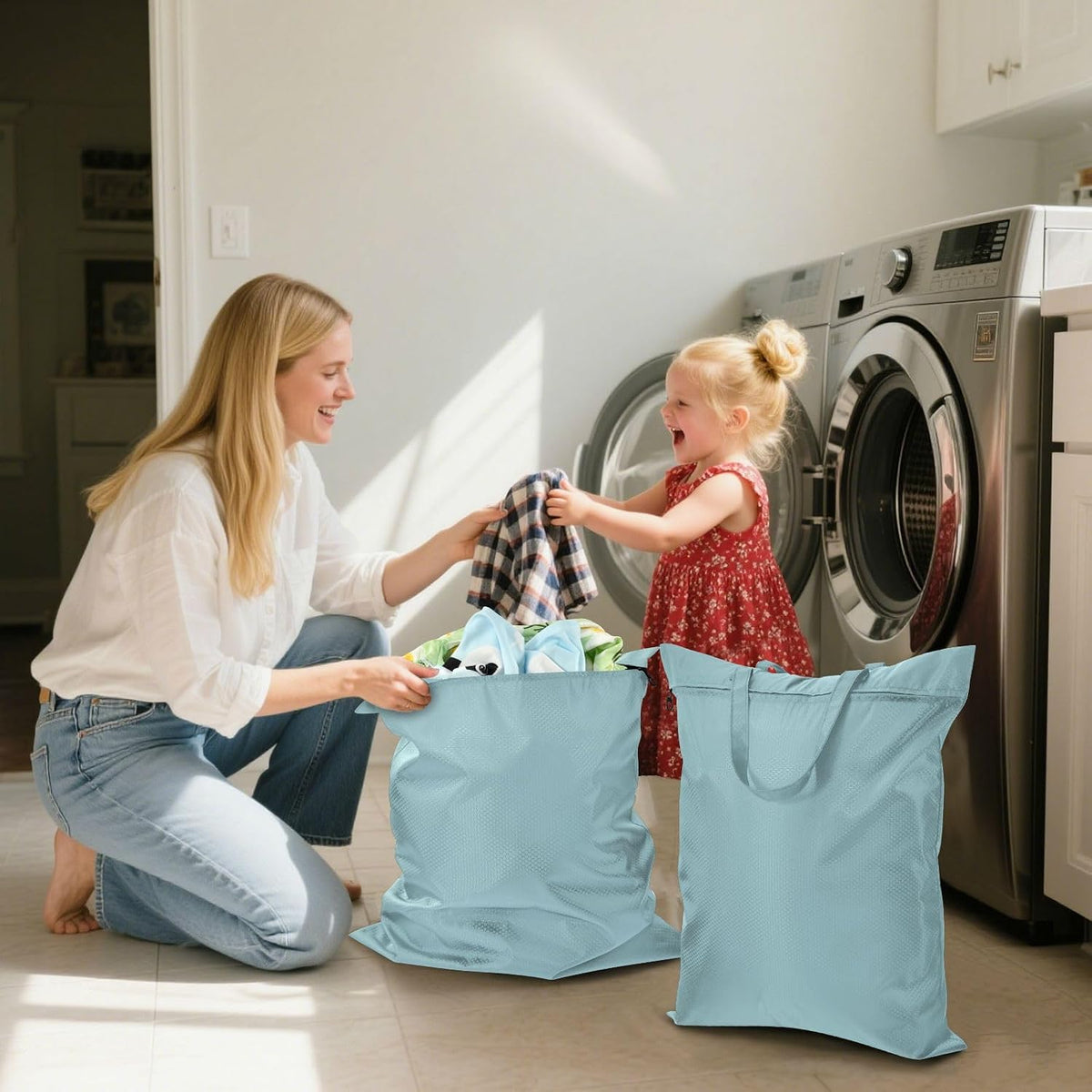 Sky Blue 2 Pack Waterproof Travel Laundry Bag Washable Dirty Clothes Organizer Storage Bag with Handle Zipper for Swimming Pool Beach Camping