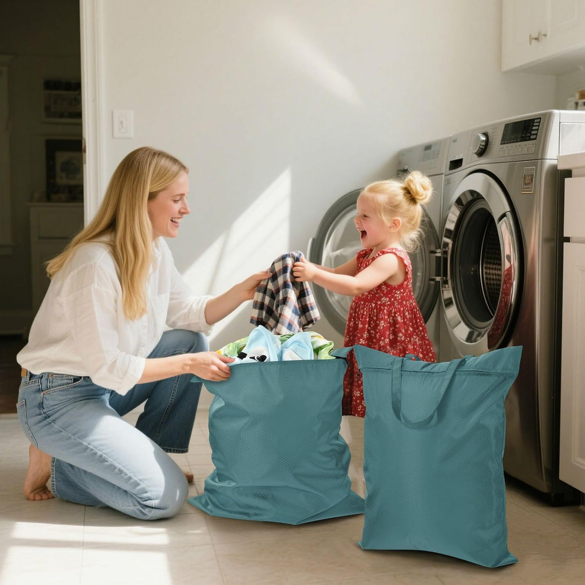 Sky Blue 2 Pack Waterproof Travel Laundry Bag Washable Dirty Clothes Organizer Storage Bag with Handle Zipper for Swimming Pool Beach Camping