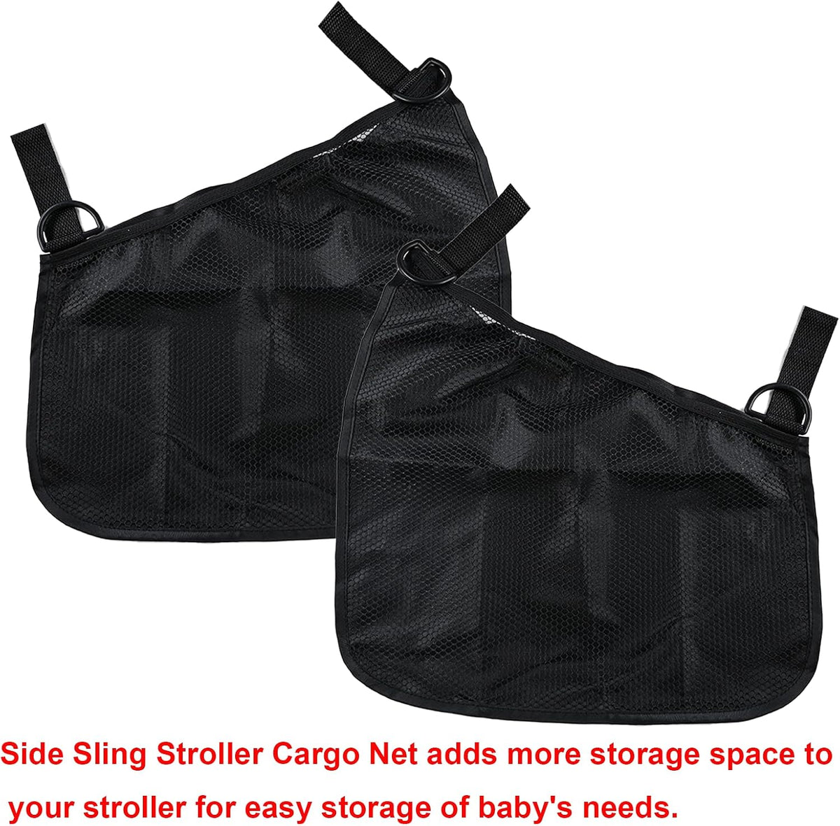 2 Pack Universal Side Sling Stroller Cargo Net, Non-Slip and Adjustable Straps Storage Mesh Bag,Portable Mesh Storage Organizer (Black)
