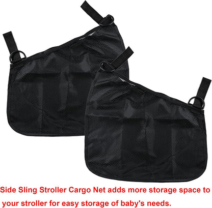 2 Pack Universal Side Sling Stroller Cargo Net, Non-Slip and Adjustable Straps Storage Mesh Bag,Portable Mesh Storage Organizer (Black)