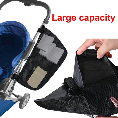 2 Pack Universal Side Sling Stroller Cargo Net, Non-Slip and Adjustable Straps Storage Mesh Bag,Portable Mesh Storage Organizer (Black)