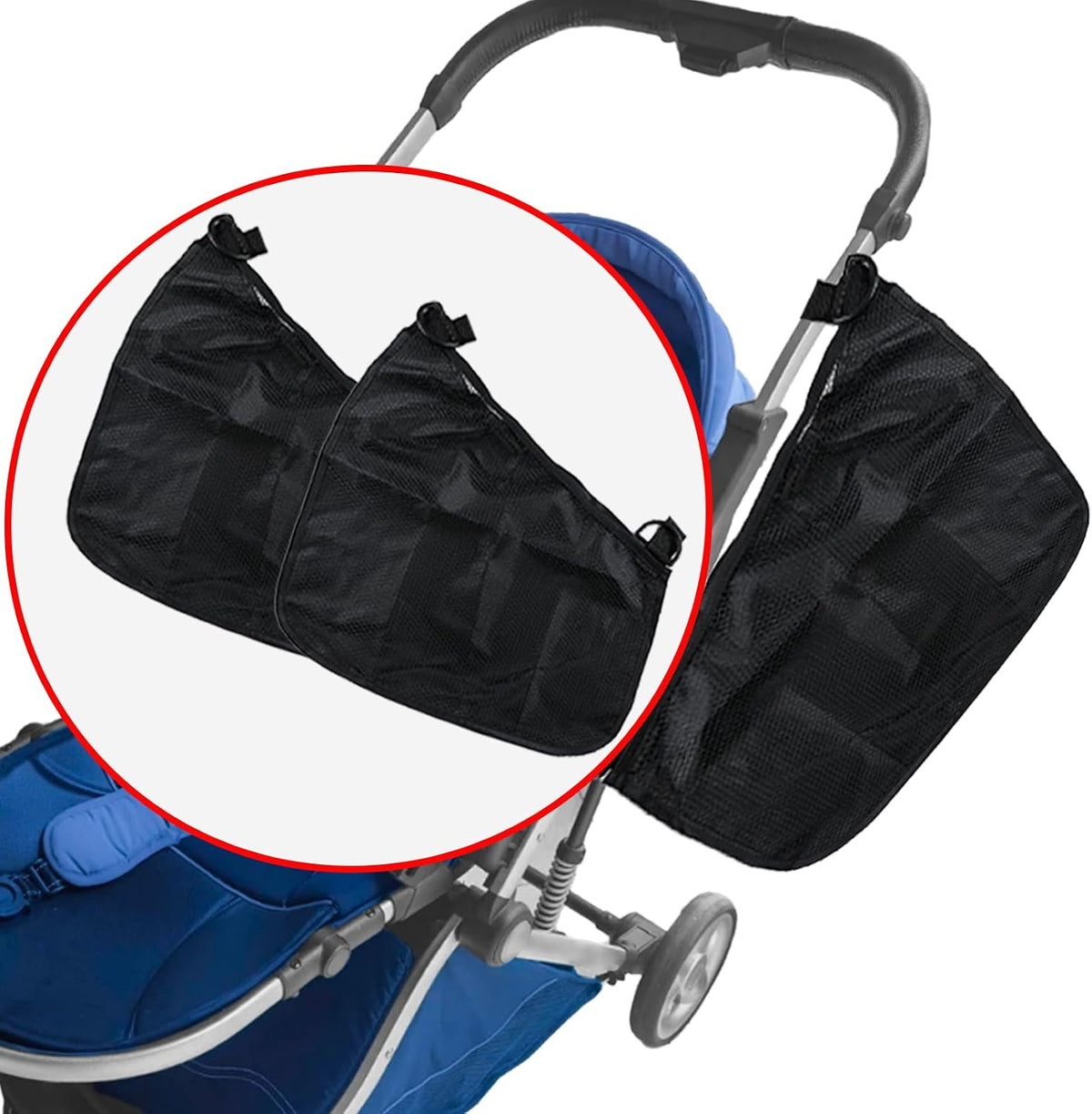 2 Pack Universal Side Sling Stroller Cargo Net, Non-Slip and Adjustable Straps Storage Mesh Bag,Portable Mesh Storage Organizer (Black)