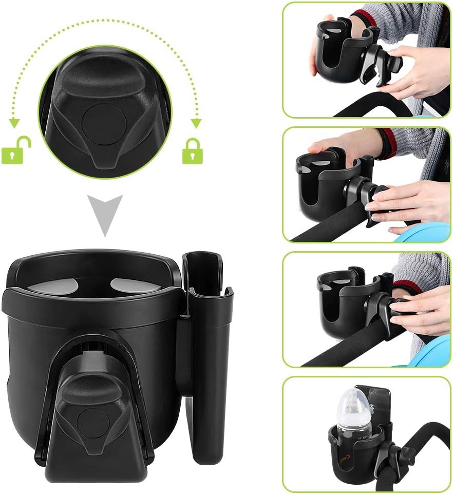 Stroller Cup Holder with Phone Holder, Bike Cup Holder, Universal Cup Holder for Uppababy Nuna Strollers, 2-in-1 Drinks Holder for Walker, Wheelchair, Scooter - Colors A