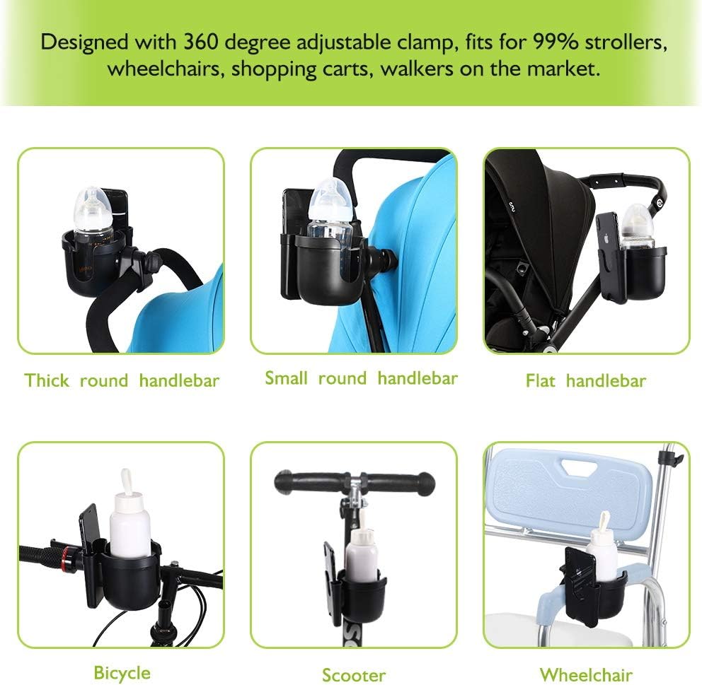 Stroller Cup Holder with Phone Holder, Bike Cup Holder, Universal Cup Holder for Uppababy Nuna Strollers, 2-in-1 Drinks Holder for Walker, Wheelchair, Scooter - Colors A