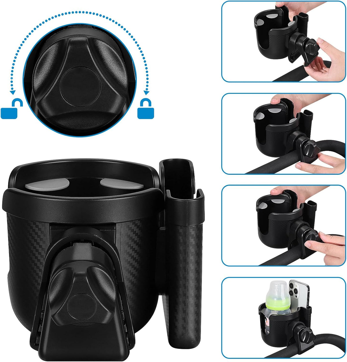 Stroller Cup Holder with Phone Holder, Bike Cup Holder, Universal Cup Holder for Uppababy Nuna Strollers, 2-in-1 Drinks Holder for Walker, Wheelchair, Scooter - Colors A