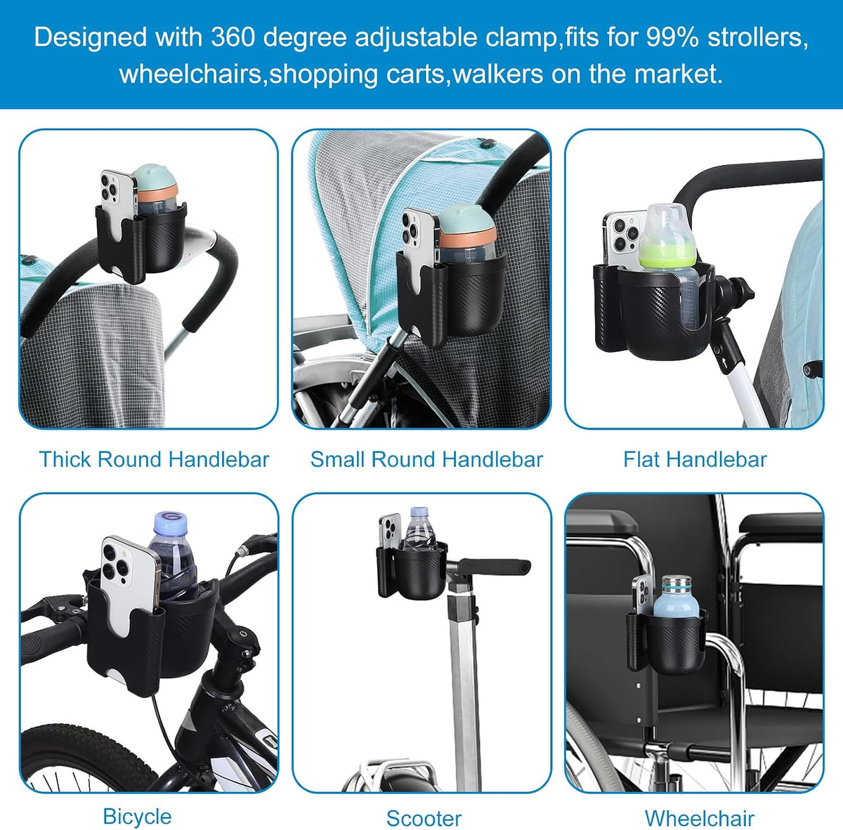 Stroller Cup Holder with Phone Holder, Bike Cup Holder, Universal Cup Holder for Uppababy Nuna Strollers, 2-in-1 Drinks Holder for Walker, Wheelchair, Scooter - Colors A