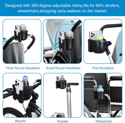 Stroller Cup Holder with Phone Holder, Bike Cup Holder, Universal Cup Holder for Uppababy Nuna Strollers, 2-in-1 Drinks Holder for Walker, Wheelchair, Scooter - Colors A