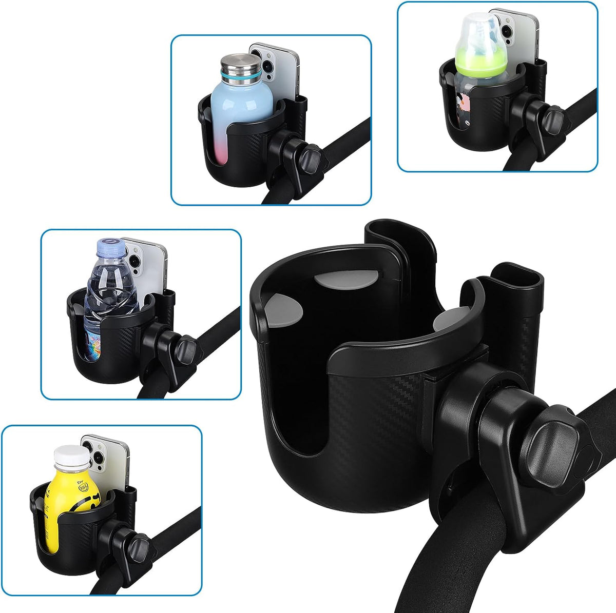 Stroller Cup Holder with Phone Holder, Bike Cup Holder, Universal Cup Holder for Uppababy Nuna Strollers, 2-in-1 Drinks Holder for Walker, Wheelchair, Scooter - Colors A
