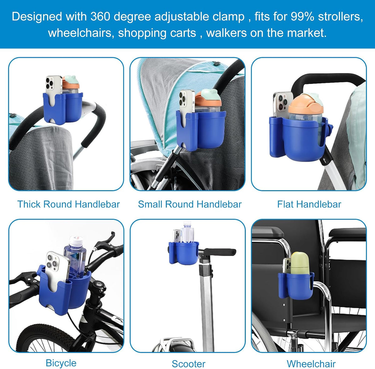 Stroller Cup Holder with Phone Holder, Bike Cup Holder, Universal Cup Holder for Uppababy Nuna Strollers, 2-in-1 Drinks Holder for Walker, Wheelchair, Scooter - Colors A