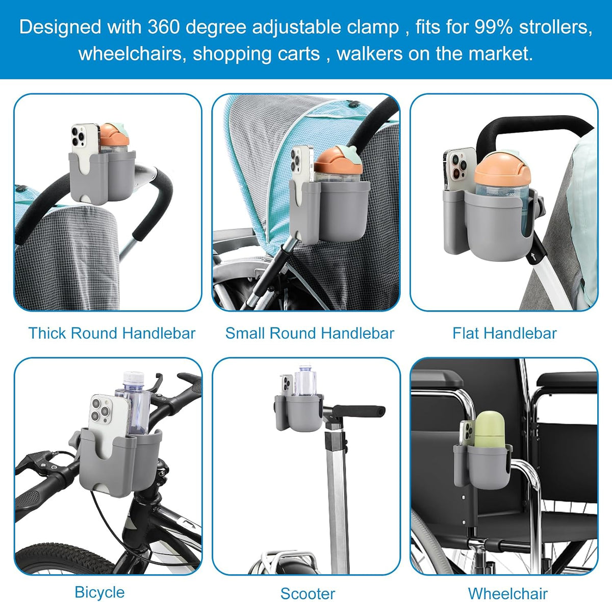 Stroller Cup Holder with Phone Holder, Bike Cup Holder, Universal Cup Holder for Uppababy Nuna Strollers, 2-in-1 Drinks Holder for Walker, Wheelchair, Scooter - Colors A