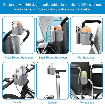 Stroller Cup Holder with Phone Holder, Bike Cup Holder, Universal Cup Holder for Uppababy Nuna Strollers, 2-in-1 Drinks Holder for Walker, Wheelchair, Scooter - Colors A