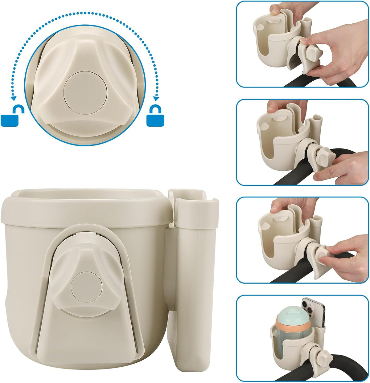 Stroller Cup Holder with Phone Holder, Bike Cup Holder, Universal Cup Holder for Uppababy Nuna Strollers, 2-in-1 Drinks Holder for Walker, Wheelchair, Scooter - Colors A
