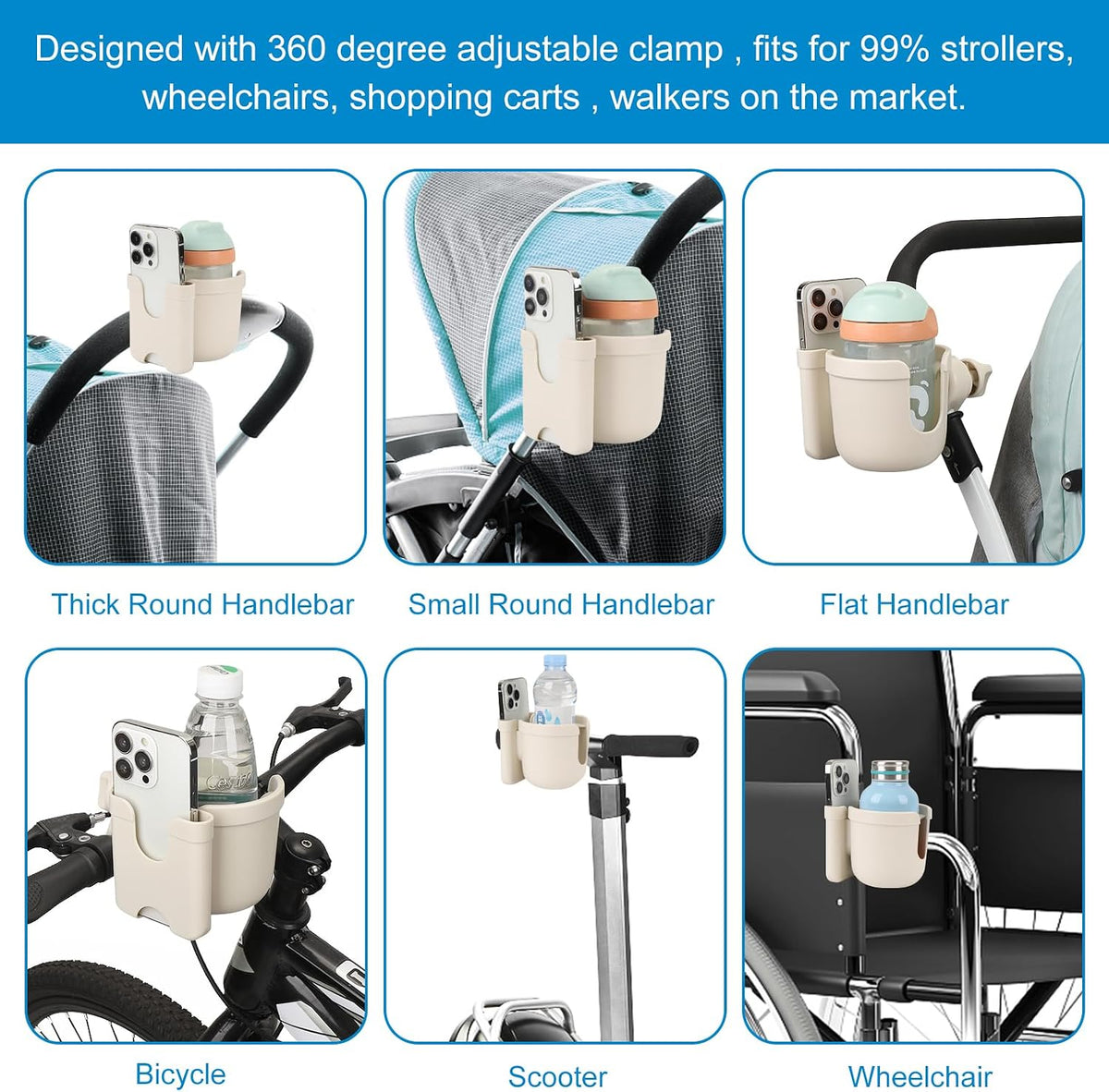 Stroller Cup Holder with Phone Holder, Bike Cup Holder, Universal Cup Holder for Uppababy Nuna Strollers, 2-in-1 Drinks Holder for Walker, Wheelchair, Scooter - Colors A