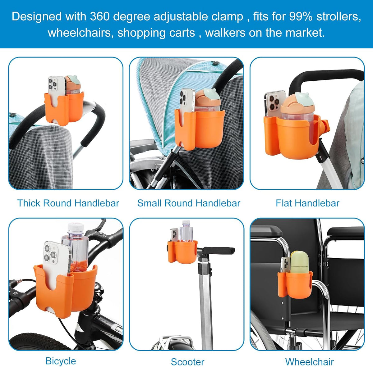 Stroller Cup Holder with Phone Holder, Bike Cup Holder, Universal Cup Holder for Uppababy Nuna Strollers, 2-in-1 Drinks Holder for Walker, Wheelchair, Scooter - Colors A