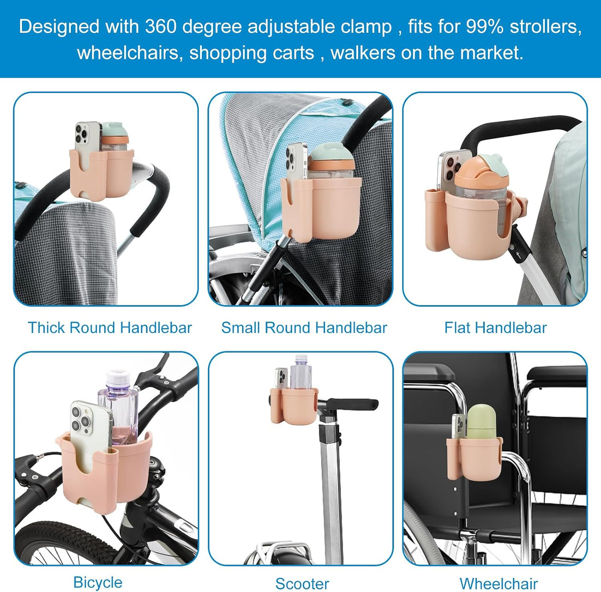 Stroller Cup Holder with Phone Holder, Bike Cup Holder, Universal Cup Holder for Uppababy Nuna Strollers, 2-in-1 Drinks Holder for Walker, Wheelchair, Scooter - Colors A