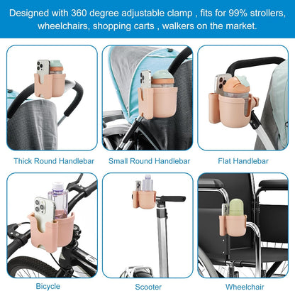 Stroller Cup Holder with Phone Holder, Bike Cup Holder, Universal Cup Holder for Uppababy Nuna Strollers, 2-in-1 Drinks Holder for Walker, Wheelchair, Scooter - Colors A