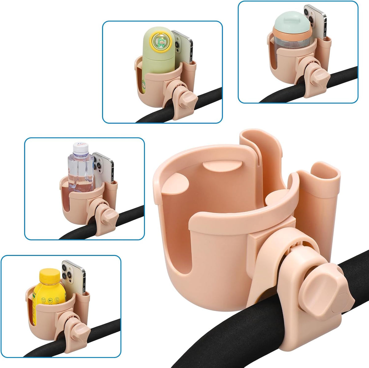 Stroller Cup Holder with Phone Holder, Bike Cup Holder, Universal Cup Holder for Uppababy Nuna Strollers, 2-in-1 Drinks Holder for Walker, Wheelchair, Scooter - Colors A
