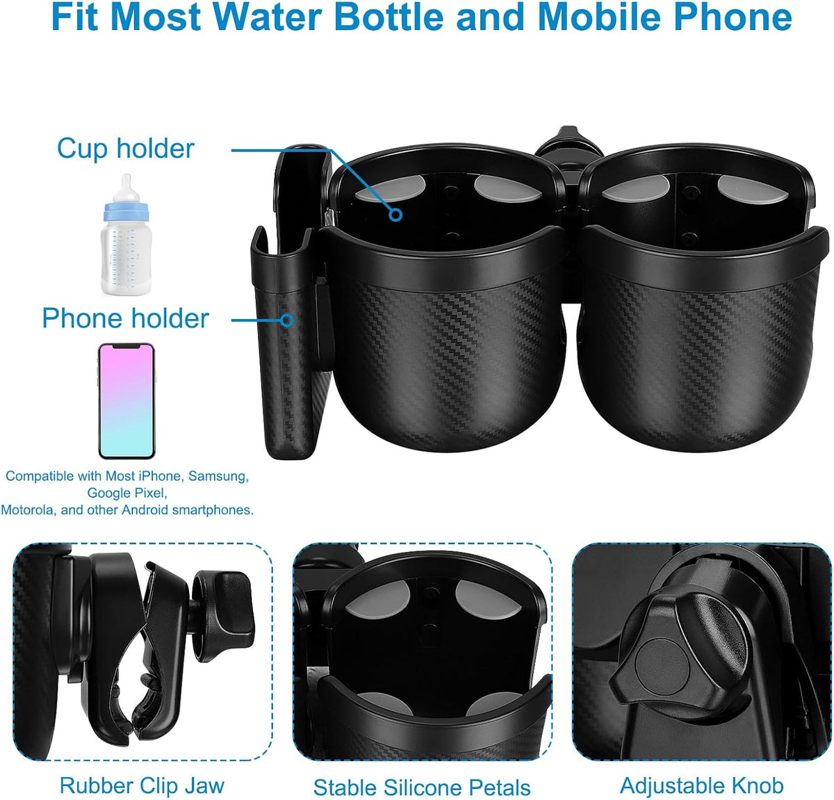 Stroller Cup Holder with Phone Holder, Bike Cup Holder, Universal Cup Holder for Uppababy Nuna Strollers, 2-in-1 Drinks Holder for Walker, Wheelchair, Scooter - Colors A
