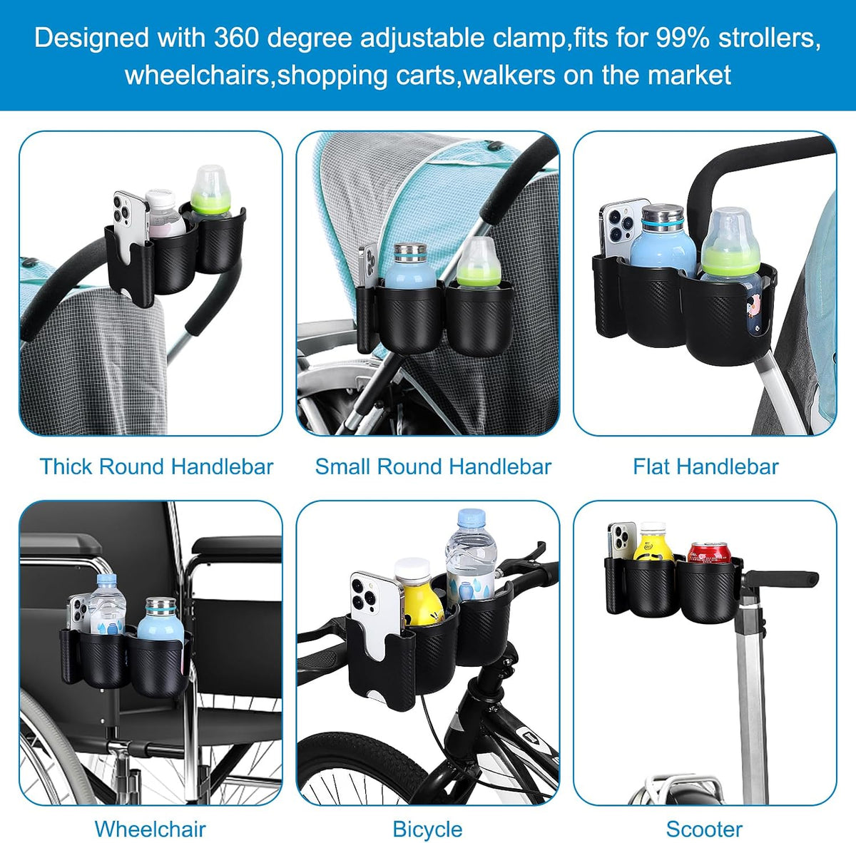 Stroller Cup Holder with Phone Holder, Bike Cup Holder, Universal Cup Holder for Uppababy Nuna Strollers, 2-in-1 Drinks Holder for Walker, Wheelchair, Scooter - Colors A