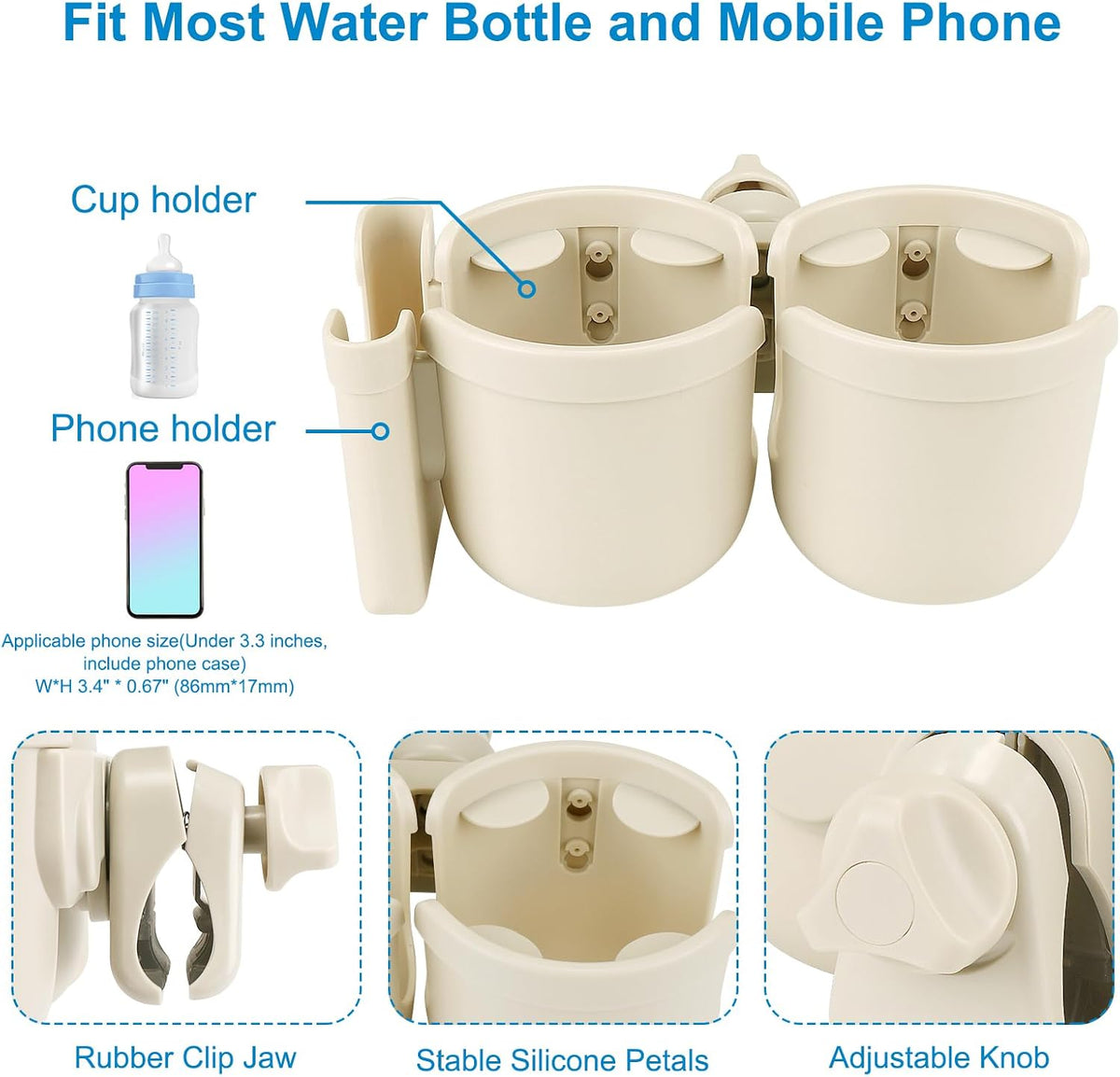 Stroller Cup Holder with Phone Holder, Bike Cup Holder, Universal Cup Holder for Uppababy Nuna Strollers, 2-in-1 Drinks Holder for Walker, Wheelchair, Scooter - Colors A